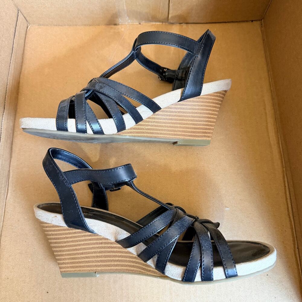Y2K Bass Womens Artemis Strappy Wedge High Heel Sandals Shoes Black Size 7